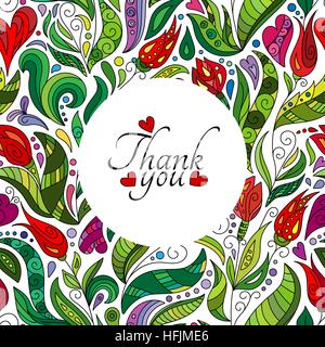 Biglietto di ringraziamento design, disegnati a mano graziosi fiori. Colore floreale ornati doodle telaio isolato su bianco con disegnato a mano le parole 'grazie' su di esso. Illustrazione Vettoriale