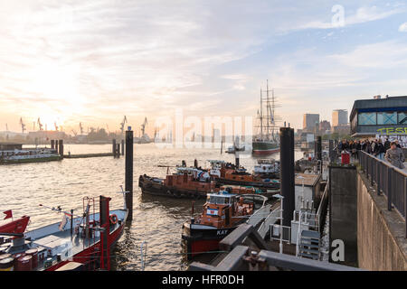 Amburgo, Germania - 01 Novembre 2015: turisti passeggiare lungo il fiume Elba Quay e godetevi la vista panoramica al rosso barche rimorchiatore e dock Foto Stock