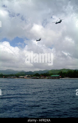 060220-N-4772B-198 Cabalian Bay, Repubblica delle Filippine (feb. 20, 2006) - una coppia di stati uniti Marine Corps CH-46E Sea Knight elicotteri da combattimento elementi aria del trentunesimo Marine Expeditionary Unit (MEU) fornire attrezzature e personale per gli aiuti a livello locale gli interventi di soccorso per le vittime di febbraio 17 Frana sull' isola di Leyte. Harpers Ferry, l assalto anfibio nave USS Essex (LHD 2), e gli elementi della terza Marine Expeditionary Brigade (3D MEB)sono la fornitura di assistenza umanitaria alle vittime del San Bernardo comune, dove la città di Guinsahugon situato nella parte meridionale del Foto Stock