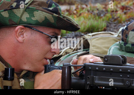 060829-N-9818V-047 San Diego (Agosto 29, 2006) - Master-at-Arms 2a classe Bradley Wolfe assegnato per la sicurezza mobile Squadron tre (MSS-3), il distacco 33, mans un .calibro 50 mitragliatrice, mentre su un fisso security watch come egli partecipa a trapani a Camp pesce a sostegno dell'esercizio Seahawk 2006. L'esercizio è una combinazione di anti-terrorismo e forza di protezione che comportano la formazione di unità di U.S. Marine Expeditionary comando di combattimento (NECC). In gennaio, la Marina Militare ha creato il Marine Expeditionary comando di combattimento, portando EOD, Naval Coastal Warfare, Marine Expeditionary supporto logistico funzioni e t Foto Stock