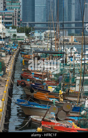 Righe di barche da pesca ormeggiate a Centum city, Busan, in contrasto con i moderni grattacieli per la parte posteriore. Foto Stock