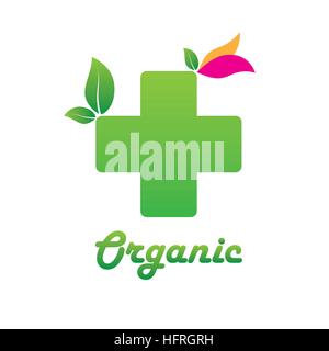Organico medico naturale icona con il logo della croce verde come una struttura ad albero e foglie e fiori. Illustrazione Vettoriale