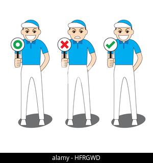 Raccolta di Fumetti Illustrazione Uomo in camicia blu e bianco lasco in piedi e sorridente tenendo premuto segno bordo per il corretto e non corretto, sì e no, tr Illustrazione Vettoriale