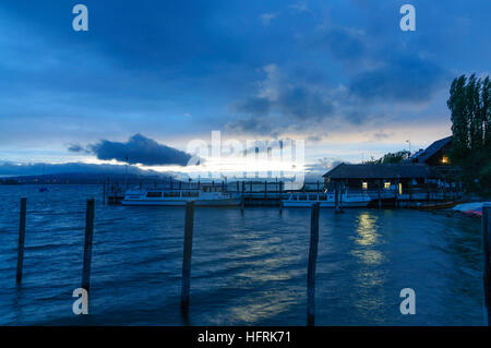 Allensbach: Pontile Lago Gnadensee (Lago di Costanza) al tramonto, Bodensee, Lago di Costanza, Baden-Württemberg, Germania Foto Stock