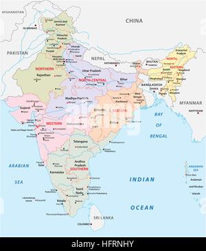 India politica e amministrativa di zone della mappa vettoriale Illustrazione Vettoriale