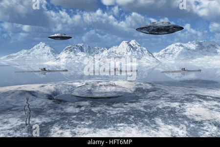 Nazista Tedesco U Barche & un ufo in avvicinamento alla sommità nascosta base segreta nota come 211 . Situato presso l'Antartide. Foto Stock