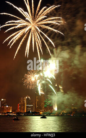 I fuochi d'artificio illuminano lo skyline di San Diego durante una celebrazione del 4 luglio da una chiatta nella Baia di San Diego, segnando la festa nazionale con uno spettacolo di 20 minuti. Foto Stock