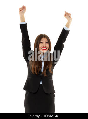 Allegro e imprenditrice di successo che celebra i suoi successi Foto Stock