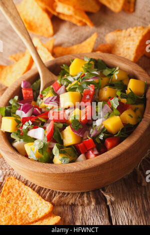 Salsa messicana con manghi, peperoni, il coriandolo e la cipolla vicino fino in una ciotola e nachos sul piano verticale. Foto Stock