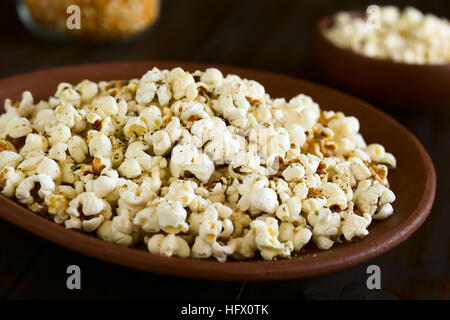 In casa fresca popcorn salati con formaggio e aglio, origano essiccato sulla piastra rustico, fotografati con luce naturale Foto Stock