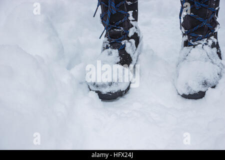 Jeans e scarpe sul bianco della neve in inverno il legno Foto Stock