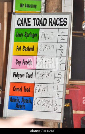 La canna da zucchero Toad gare segno nel pub bar, Port Douglas, Australia Foto Stock