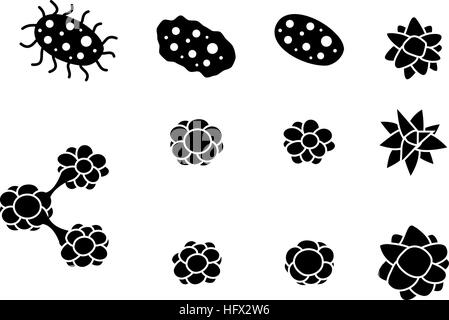 Set di virus e la cellula di cancro icone nella silhouette, vettore Illustrazione Vettoriale