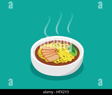 Uovo zuppa di noodle con arrosto di maiale e la minestra in 3d, vettore Illustrazione Vettoriale