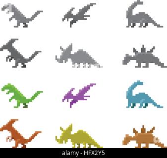 Set di icone di dinosauri in pixel di colore, stile di disegno vettoriale Illustrazione Vettoriale