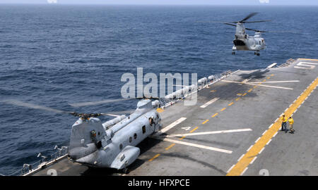 100818-N-3729D-046 nord mare Arabico (Agosto 18, 2010) UN CH-46 Sea Knight elicottero assegnati ai cavalieri bianchi di elicottero medio marino Squadron (HMM 165) (rinforzato) lancia a bordo dell'assalto anfibio nave USS Peleliu (LHA 5). CH-46 si uniranno altri 11 elicotteri da Peleliu già sulla stazione nel nord del Pakistan. La Peleliu anfibio gruppo pronto è di sostenere il governo pakistano e militari con elicottero pesante-le capacità di sollevamento nelle zone inondate del Pakistan. (U.S. Foto di Marina di Massa lo specialista di comunicazione 2a classe Andrew Dunlap/RILASCIATO) Navy US 100818-N-3729D-0 Foto Stock