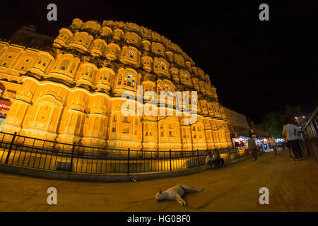 Hawa Mahal esterni illuminata di notte nella penombra. Jaipur, Rajasthan. India Foto Stock