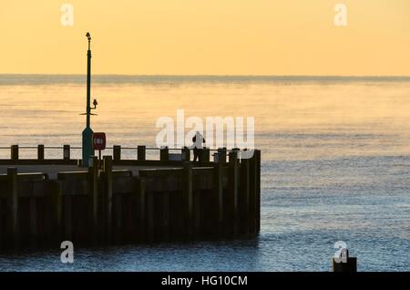 West Bay, Dorset, Regno Unito. 3 gennaio, 2017. Regno Unito Meteo. Cieli chiari all'alba con nebbia di vapore sulla superficie del mare a West Bay nel Dorset essendo catturata da un fotografo sul molo Orientale in un freddo gelido mattina dopo una notte di temperature di -3C. Foto © Graham Hunt/Alamy Live News Foto Stock