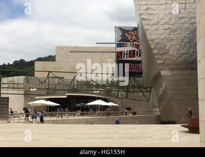 Bilbao, Spagna. 28 Luglio, 2016. Vista esterna del Museo Guggenheim a Bilbao, Spagna, 28 luglio 2016. Più di 19 milioni di appassionati d arte da tutto il mondo hanno visitato il Museo Guggenheim a Bilbao, Spagna settentrionale, dal mese di ottobre 1997. Foto: Carola Frentzen/dpa/Alamy Live News Foto Stock