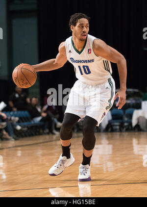 Reno, Nevada, Stati Uniti d'America. 3 gennaio, 2017. Reno Bighorn Guard Isaia cugini (10) durante l'NBA D-League gioco di basket tra il Reno Bighorns e il Los Angeles D-parafanghi presso il Reno eventi centro a Reno in Nevada. © Jeff Mulvihill/ZUMA filo/Alamy Live News Foto Stock