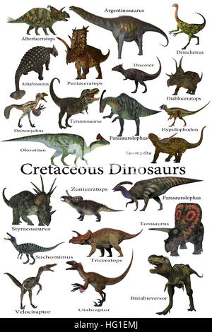 Dinosauri cretaceo - Una raccolta di vari dinosauri che vivevano in tutto il mondo durante il Cretacico. Foto Stock