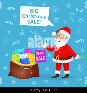 Vendita di natale. Appartamento funny uomo vecchio personaggio holding xmas shopping bag su sfondo blu. Sconto un banner o un modello di poster. Decorazione di Natale design. Santa Claus cartoon illustrazione vettoriale. Illustrazione Vettoriale