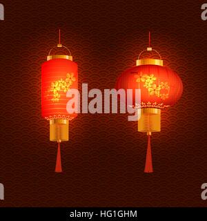Set di rosso le lanterne cinesi. Round e di forma cilindrica. In openwork sfondo. illustrazione Illustrazione Vettoriale