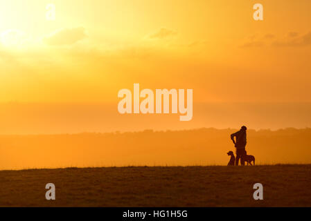 Paese gent in tweed con due cani. Tramonto sulla South Downs vicino a Lewes Foto Stock