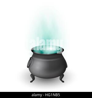 Cartoon Halloween strega con calderone pozione di flusso e isolato su sfondo bianco. Pot nero con magic brew. Illustrazione Vettoriale. Illustrazione Vettoriale