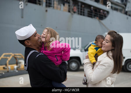 NORFOLK (ott. 22, 2013) un marinaio saluta la sua famiglia come il dock anfibio sbarco nave USS Tortuga (LSD 46) ritorna da le attività della flotta Sasebo. Tortuga è stato sostituito come un forward-asset distribuiti da USS Ashland (LSD 48). (U.S. Foto di Marina di Massa lo specialista di comunicazione di terza classe McNatt Abe/RILASCIATO) 131022-N-PJ969-278 Unisciti alla conversazione http://www.navy.mil/viewGallery.asp http://www.facebook.com/USNavy http://www.twitter.com/USNavy http://navylive.dodlive.mil http://pinterest.com https://plus.google.com USS Tortuga torna a Norfolk. (10442023386) Foto Stock