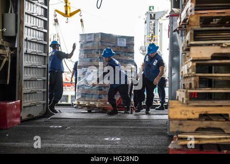 150706-N-XN518-004 Golfo di Aden (luglio 6, 2015) marinai di portare in un pallet di bottiglie di acqua in un hangar della baia di wasp-classe assalto anfibio nave USS Essex (LHD 2). L'Essex anfibio gruppo pronto (ARG) insieme con il avviato xv Marine Expeditionary Unit (MEU) è distribuito come supporto di le operazioni di sicurezza marittima e di teatro la cooperazione in materia di sicurezza gli sforzi negli Stati Uniti Quinta Flotta area di operazioni. (U.S. Foto di Marina di Massa lo specialista di comunicazione di terza classe Irwin D. Sampaga/RILASCIATO) WESTPAC 150706-N-XN518-004 Foto Stock