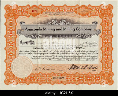 1936 Anaconda Mining e fresatura azienda certificato azionario - Deadwood, South Dakota - USA Foto Stock