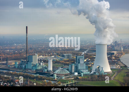 Vista aerea, STEAG Walsum Power Plant, carbone vegetale, di energia fossile, torre di raffreddamento, fumo,fiume Reno, Duisburg, Ruhr aeria, Foto Stock