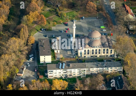 Antenna, DITIB Moschea Merkez Duisburg, Islam, minareto, più grande moschea in Germania, Duisburg, Ruhr aeria, Renania settentrionale-Vestfalia Foto Stock