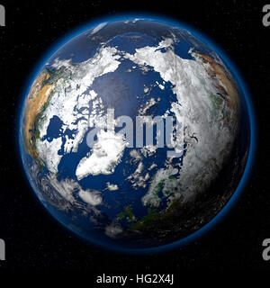 La Terra vista dallo spazio che mostra l'Artico. Realistico illustrazione digitale tra cui sollievo mappa hill ombreggiatura di terreno. Si prega di credito della Nasa. Foto Stock