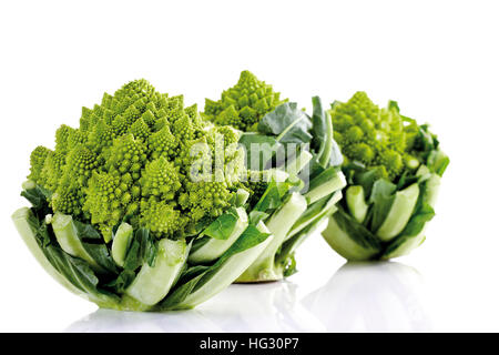 Cavolo broccolo romanesco (Brassica oleracea), tre testine Foto Stock