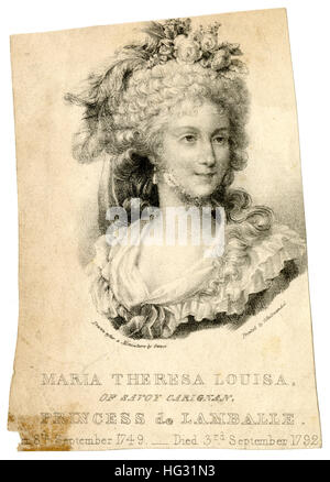 Antique c1840 incisione, Principessa de Lamballe. La principessa Maria Luisa Teresa di Savoy-Carignan (1749-1792) era un membro di un ramo cadetto della Casa di Savoia. Fonte: incisione originale. Foto Stock