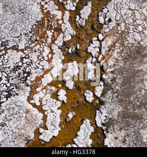 Closeup, piazza astratta del raccolto di cascate di acqua calda nel caldo del lago, il Parco Nazionale di Yellowstone Foto Stock