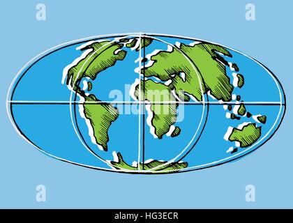 Mappa mondo stilizzato di scansione immagine vettoriale. Globo piana. Illustrazione Vettoriale