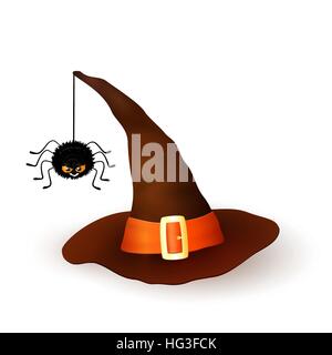 Cartoon Halloween 3d strega con cappello di appendere hairy black spider isolati su sfondo bianco. Tappo marrone con un nastro arancione e fibbia. Illustrazione Vettoriale. Illustrazione Vettoriale