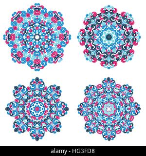 Mandala colorate in stile orientale. Set di round motivi etnici isolati su sfondo bianco. Tradizionali ornamenti in pizzo. Araba, Asiatica, islamica, motivi indiano. Illustrazione Vettoriale. Illustrazione Vettoriale