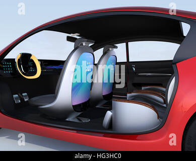 Auto-auto pilotaggio Concetto di immagine. Utilizzare lo schermo a sfioramento dei sedili anteriori possono accedere a Internet. Il rendering 3D'immagine. Foto Stock