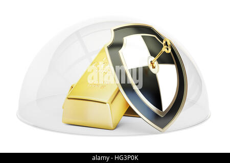 Golden bar coperto dalla cupola di vetro. Sicurezza e protezione concetto, 3D rendering isolati su sfondo bianco Foto Stock