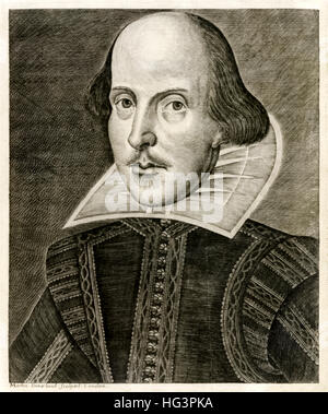 Ritratto di William Shakespeare (1564-1616) dalla pagina del titolo di 'Mr. William Shakespeare commedie, storie e tragedie" pubblicata nel 1623. Incisione su rame di Martin Droeshout (1601-1650). Foto Stock