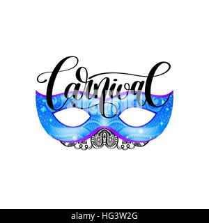 Il carnevale di scritte logo design con maschera e scritto a mano parola Illustrazione Vettoriale