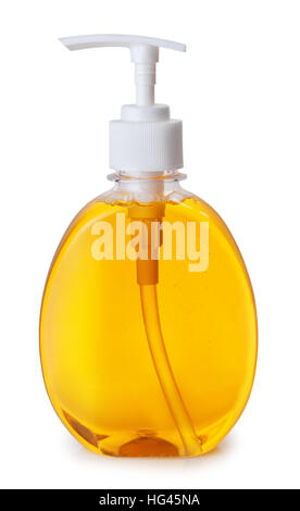 Una bottiglia di plastica con orange il sapone liquido con pompa isolati su sfondo bianco Foto Stock
