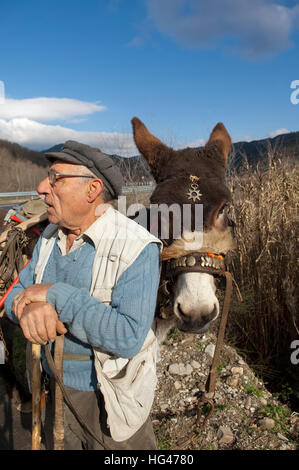 Pastore italiano e il suo asino nella campagna del sud Italia, Basilicata, Italia Foto Stock