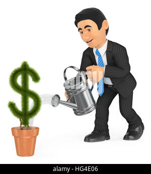 3d business persone illustrazione. Imprenditore dollaro di irrigazione a forma di pianta di pot. Il concetto di crescita. Isolato sullo sfondo bianco. Foto Stock