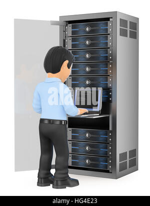 illustrazione del personale di lavoro 3d. Tecnico informatico che lavora nella sala server della rete rack. Sfondo bianco isolato. Foto Stock