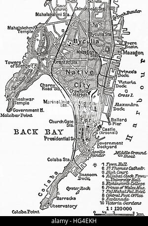 Mappa di Bombay, India, c. 1920. Da Meyers lessico, pubblicato 1924. Foto Stock